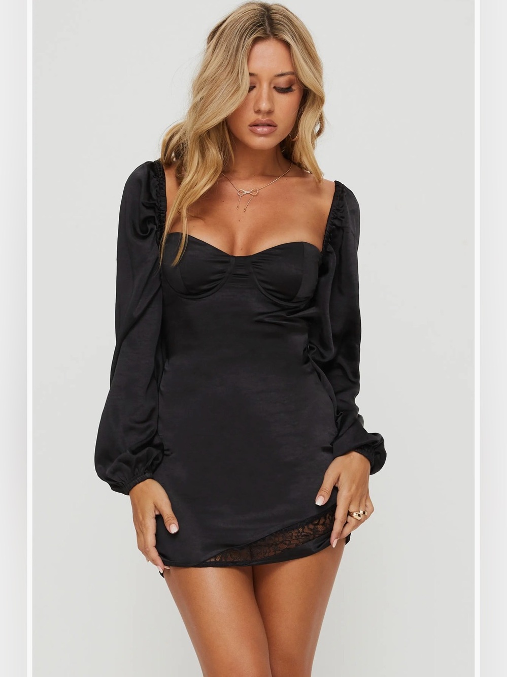 PRINCESS POLLY Black Satin Corset Mini Dress Puff Sleeve Lace Trim Size 0 XS